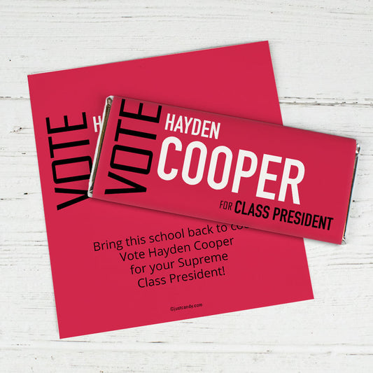School Election Campaign Personalized Chocolate Bar Wrappers Vote in Text
