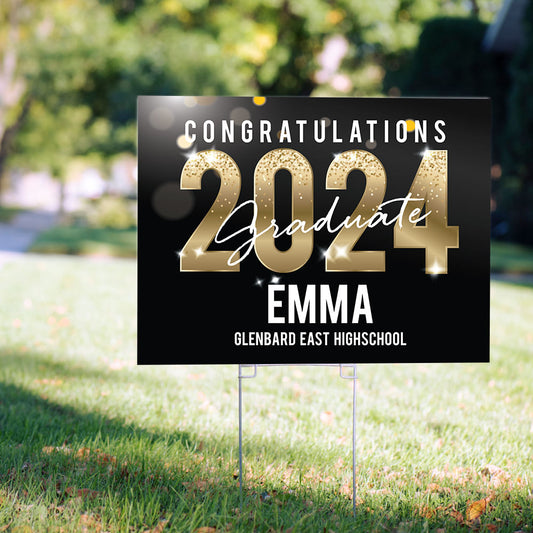 Personalized Graduation Black & Gold Sparkle Yard Sign and Stake